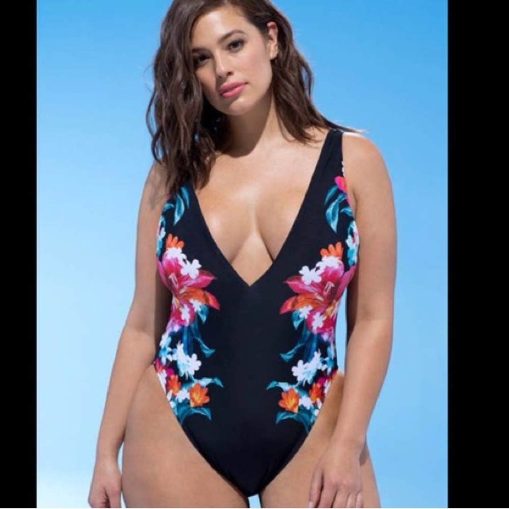 Ashley Graham Black One-Piece Swimsuit with Pink, Orange & Blue Floral Print